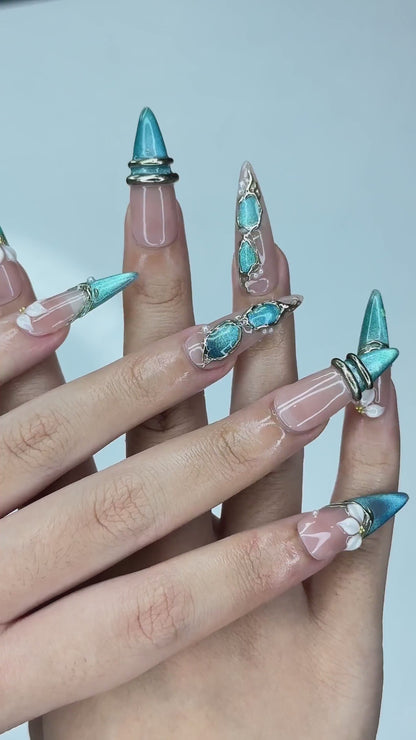 Teal Cat-Eye & 3D White Bloom Nails | Antique Gold Chrome Accents | Luxury Botanical Magnetic Stiletto Art | Elegant Nails | JB379IK