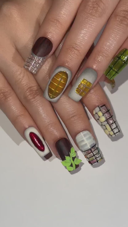 Abstract Texture Press On Nails, Mixed Media Artisan Nails with 3D Foliage, Handcrafted Gemstone and Mosaic Tile Reusable Nails, OB306HC