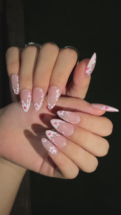 Cherry Blossom Press On Nails | Soft Pink Floral Nails | Spring Flower Nail Set | Nude Almond Handmade Nails | OC1373UG