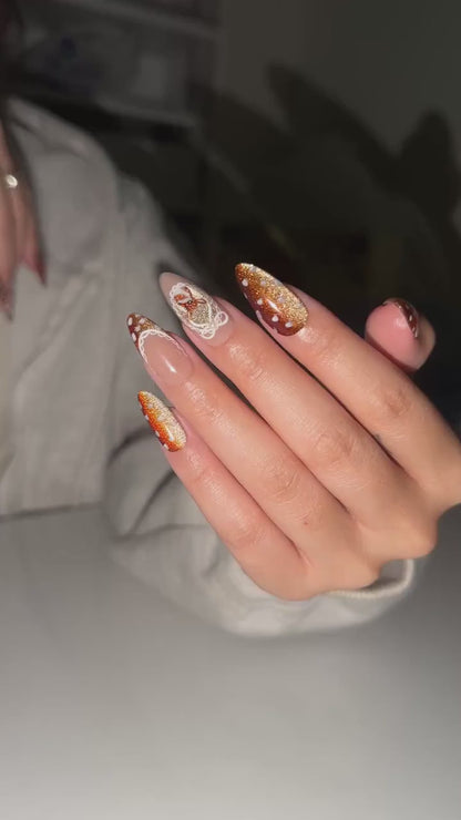 Bambi Inspired Press On Nails, Brown Glitter, Vintage Lace French Tips, Long Almond Nails | OB703XC