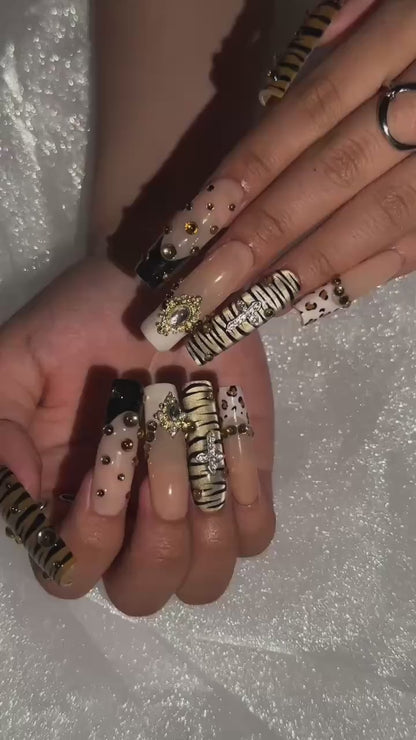 Gold Tiger Stripe and Leopard Print Press On Nails | 3D Rhinestone Jewelry Charms | Nude Black Animal Print | Long Square Nails | OB1469UI