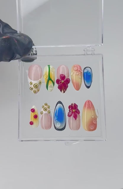 Chic Summer Press-On Nails | Bright Gradient & Floral On Fake Nails | Luxury Gold Studs Nail Charms | 3D Floral Nail Art | HB461TL