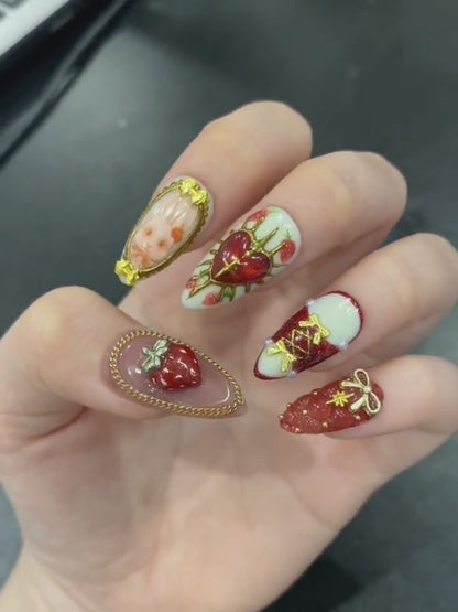 Gothic Strawberry Press On Nails | Red Heart Cross Nail Art | Luxury Handmade Press Ons | Statement Nails | HB995GC