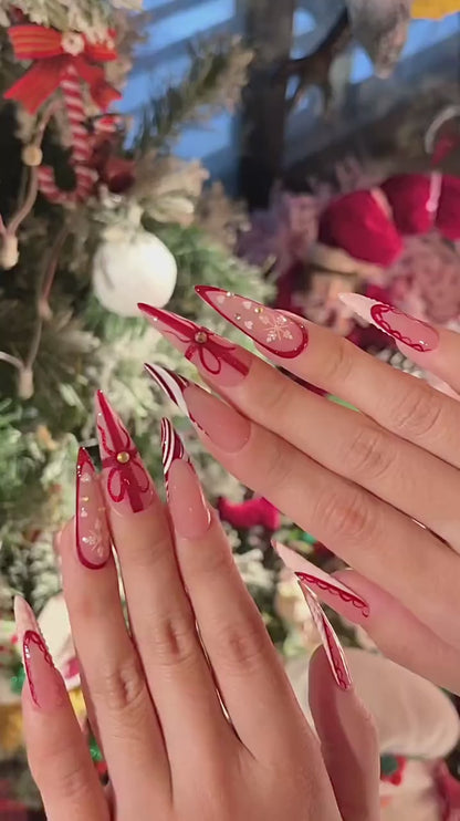 Elegant Burgundy Christmas Press On Nails | Glossy Christmas Nail Art| Winter Holiday Nail Art | Glossy Stiletto Press Ons | HB1194EC