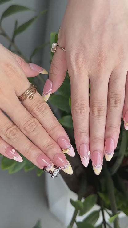 Cute Fruit Press On Nails with 3D Banana Charms | Peach Pink Fake Nails in Long Almond | Handmade Kawaii Nail Art for Summer | OC482UC