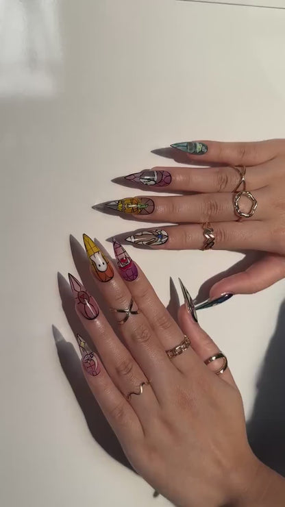 Stained Glass Halloween Press On Nails | Ghost Pumpkin Bat Nail Art | Colorful Spooky Nail Design | Handpainted Halloween Nails | JB111H