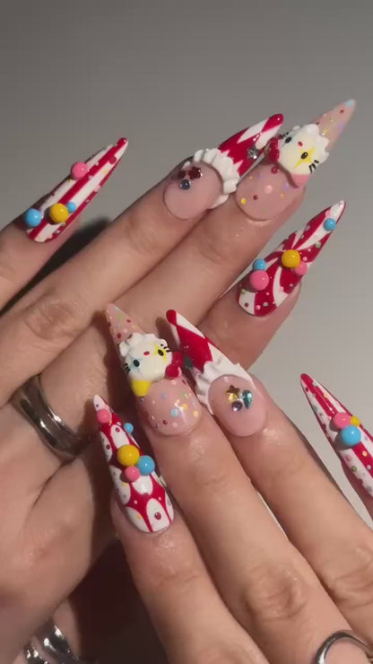 Kawaii Candy Circus Press On Nails | 3D Cute Cat and Colorful Candy Charms | Red White Clowncore Nail Art | Long Stiletto Nails | OB726UI