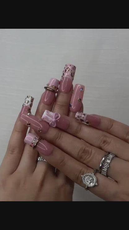 Blush Pink Leopard Press On Nails for Luxury Nail Lovers | Nude Pink Nails with 3D Bow Accent| Leopard French Tips with Gold Detail| JB288HC