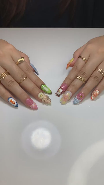 Summer Picnic Mokey Press On Nails | 3D Fruit & Flower Art |Fun Mismatched Vacation Nail Set | Playful Beach Picnic Nail| Cute Nails|JC976HC