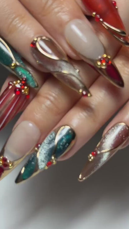 Chrome Glam Press On Nails | Red Green Gold Luxury Nails | Festive Glitter Stiletto Nails | Handmade Elegant Press Ons | DC1047HC