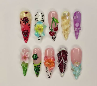 Kawaii 3D Press On Nails | Adorable 3D Nail Art | Cute Ladybug, Cherry, and Flower Designs | Vibrant 3D Kawaii Nails | J461SL
