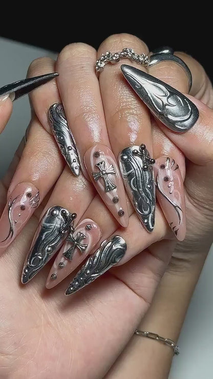Gothic Chrome Stiletto Nails | 3D Liquid Metal Cross Press Ons | Cyberpunk Grunge Art | OB1330IB