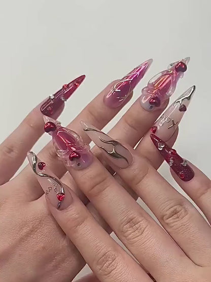 Red Pink Heart Press On Nails | Valentine Nail Wraps| Y2K Heart Nail Art | Handmade Statement Press Ons | Valentine Nails | HC997GC