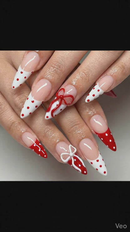Press On Nails Adhesive Tabs with Red & White Polka Dot French Tip and 3D Bow Design, Handmade Long Stiletto Fake Nails for Valentine Look or Coquette Aesthetic Nails