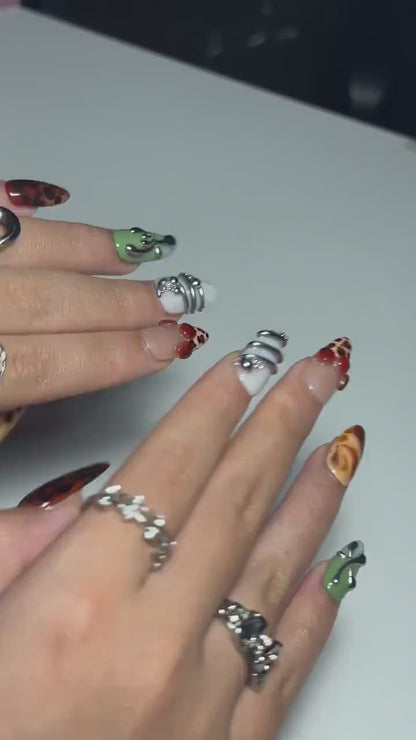 2026 Trend: Biomorphic Amber & Moss Nails | Tortoiseshell Cyber-Grunge Press Ons | Liquid Metal Silver Art | Earth-Tone Future Nails| OB363IC