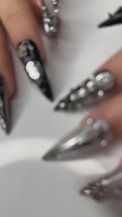 Gothic Silver Sword Press On Nails | 3D Cross & Dagger Nail Art | Handmade Dark Fantasy Nails | Medieval Armor Inspired Press Ons | JB159HK