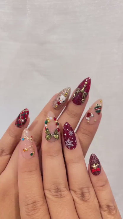 Luxe Christmas Press On Nails | Red Green Gold Christmas Nails | 3D Bow & Bell Nail Art | Festive Winter Press Ons | Christmas Set| HB1208H