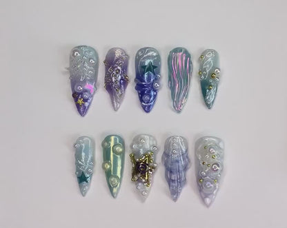 3D Tropical Beach Long Stiletto Nails | Ocean-Themed with Seaweed, Seashells, and Starfish | Handmade Press On Nails | JB328SL