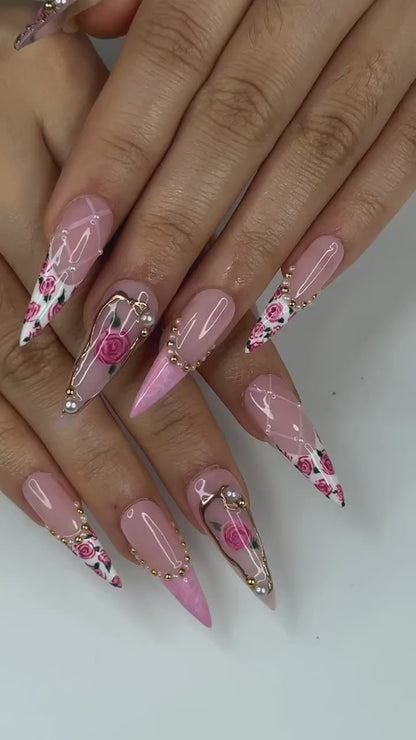 Pink Rose Press On Nails for Bridal | Handmade Rose Flower Nails with Pearls | Elegant Wedding Press Ons | Gold Frame Floral Nails | OB295HC