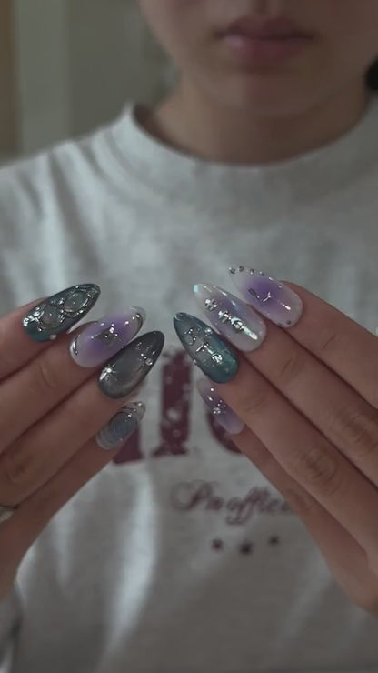Kpop Press On Nails with Purple Aura & Silver Charms | 7 Member Inspired Chrome Nails | Korean Pop Concert Nails for Fan Gift | OB495UC