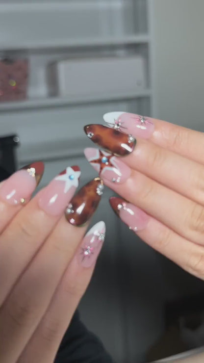 Y2K Press On Nails with Chrome Star Design | Brown Blue Rhinestone Nail Art | Retro Futuristic Handmade Nailst | OB522UC