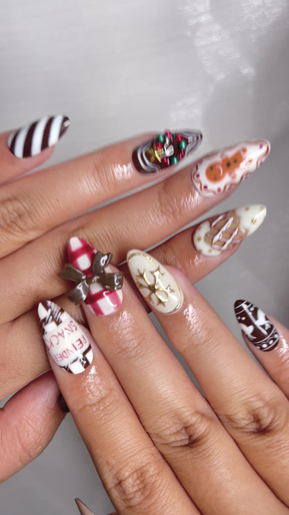 Sweet Harmony Christmas Press On Nails | 3D Bow & Reindeer Design | Gingerbread Cookie Nail Art | Holiday Nail Set | HB1000YG