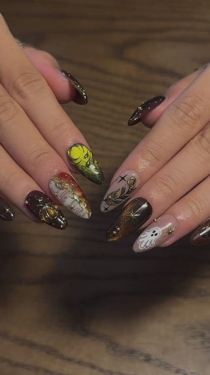 Halloween Press On Nails, Spooky Ghost Nail Art, Brown Gold Witchy Nails, Dark Celestial 3D Nails, Mystical Fall Nails, OC670UC