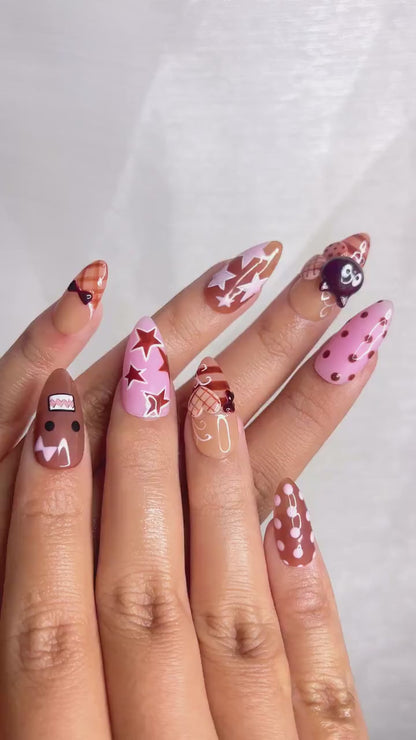 Chocolat Bear Cute Press On Nails | Kawaii Cartoon & 3D Cat Nails | Pink Brown Retro Nail Art | Handmade Fun Press Ons | JB221EC