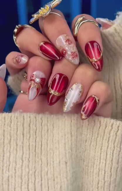 Press On Nails For Christmas | Holiday Christmas Nails | Gold Leaf Luxury Nail Art | Pearl Accent Classy Nails | JB210EC