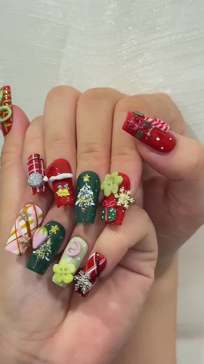 Gift Garden Press On Nails For Christmas |Festive Winter Nail Art | Christmas Tree & Bow Nails | Red Green Holiday Press Ons | JB229EC