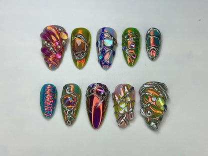 Edgy Metallic 3D Press-On Nails | Holographic Gem Nail Design | Metallic Chrome Nail Set | Chrome Press-On Nail Set | JB688H
