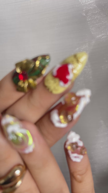Golden Enchant Press On Nails For Christmas | Luxury 3D Gold Ornament Nail Art | Red & Green Holiday Design | Baroque Winter Nails |HB1008YC