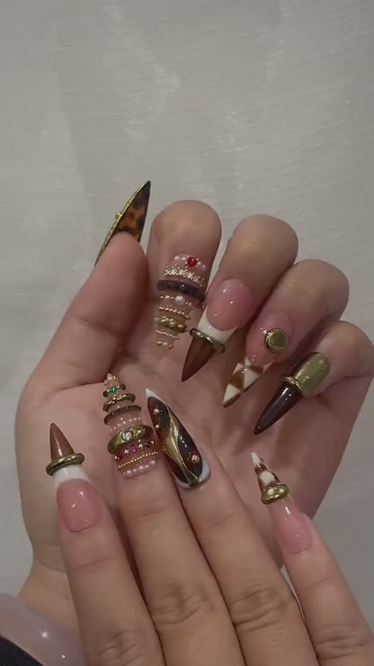 Brown Gold Luxe Press On Nails | Sculptural Ring Nail Art | Luxury Jewelry Inspired Nails | High Fashion Press Ons | Luxury Nail | JB262HK