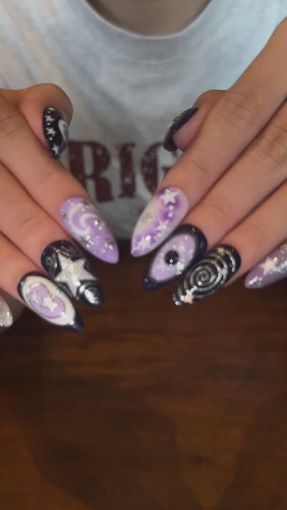 Celestial Press On Nails with Moon and Stars | Mystical Purple Silver 3D Nail Art | Handmade Almond Fake Nails for Cosmic Style | OB516UI