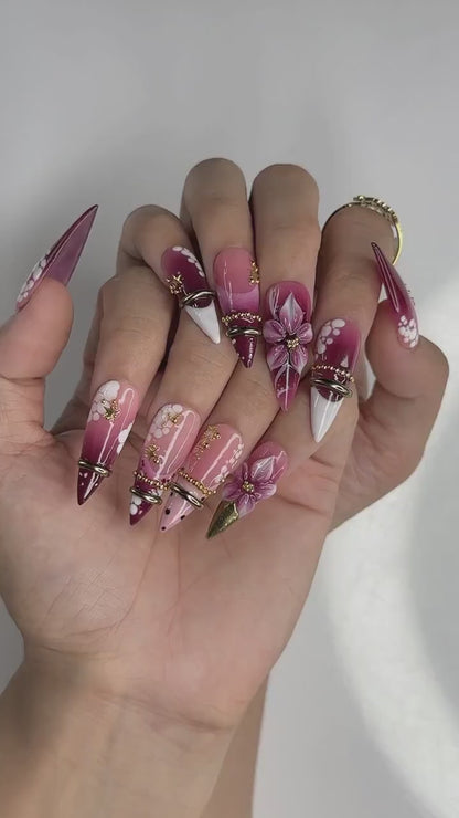 Burgundy Floral Press On Nails | 3D Flower Gold Ring Nails | Coquette Cherry Blossom Nails | Luxury Handmade Stiletto Nail Set | OB1378U