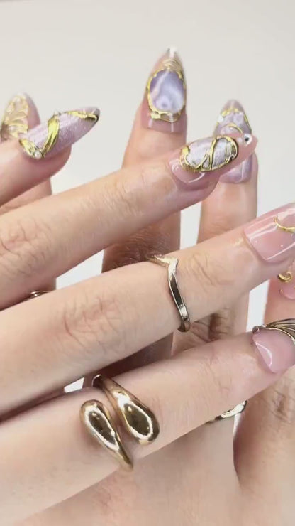 Luxury Purple Cat-Eye Nails | 3D Golden Butterfly & Moon Press Ons | Mystic Celestial Pearl Stiletto Art | Fairy Nails | OB1339IK