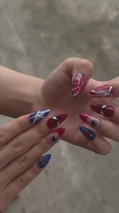 Superhero Press On Nails with Comic Web Design, Red Blue Fake Nails in Almond, Handmade Nail Art for Cosplay, Party, Halloween | OC479UC