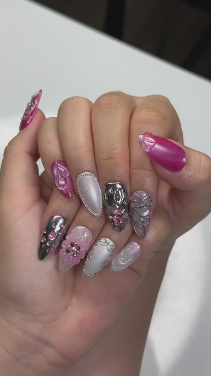 Barbie Luxe Press On Nails | Pink Chrome & Silver Nails | 3D Flower Rhinestone Nails | Elegant Almond Nails | Glam Nail Set | JC378NC (Copy)