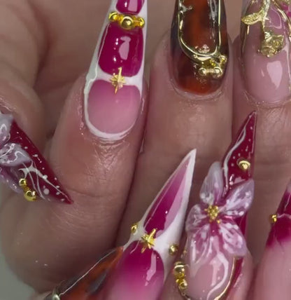Crimson Gold Floral Press On Nails | 3D Red Floral & Gold Nail Art | Sculpted Jewel Accent Nails | Handmade Elegant Press On Set | JC992HP