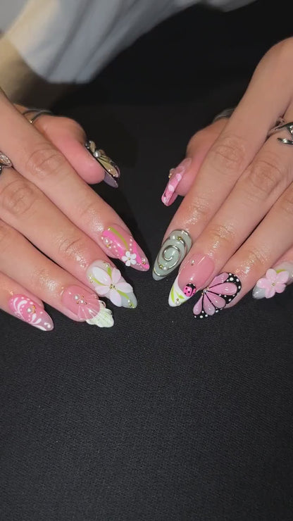 Fall Press On Nails with 3D Flowers , Pink Butterfly Nail Art . Handmade Botanical Nails for Autumn| OB559WC