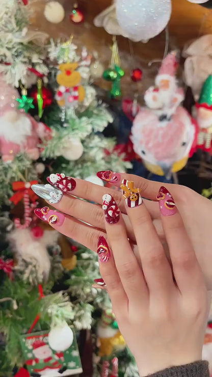 Gingerbread Red Christmas Press On Nails | 3D Christmas Cookie Nail | Peppermint & Snowman Holiday Nails| Red Glitter Festive Nails |JB216HC