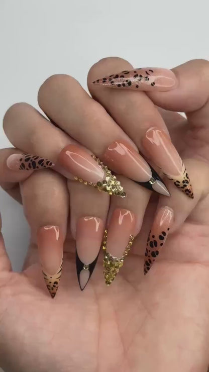 Luxury Leopard Press On Nails with Gold Rhinestones | Nude French Tip Animal Print Nails | Glam Statement Manicure | OC464JC