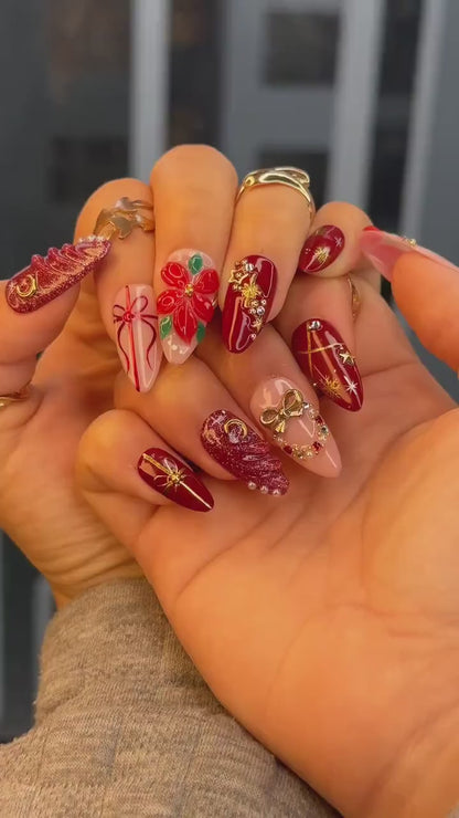 Floral Christmas Press On Nails | Red Gift Bow Nails | Luxury Winter Nail Art | Red Gold Holiday Nail Set | JB213EK