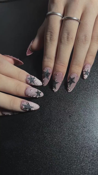 Black Star Y2K Press On Nails | Matte Water Nail Set | Soft Grunge Starcore Handmade False Nails | OB446U