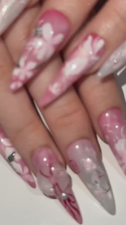 Pink Blossom Press On Nails | Pink Jelly Floral Nails | Asian Flower Nails | Romantic Spring Nails | Handmade Stiletto Press Ons | OB312HC