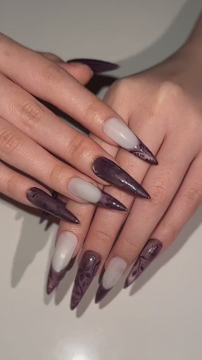 Dark Purple Cat Eye Press On Nails, Mystic Floral French Tip Nails, Ethereal Smoky Velvet Nails, Gothic Luxury Stiletto Fake Nails, HC1292HK