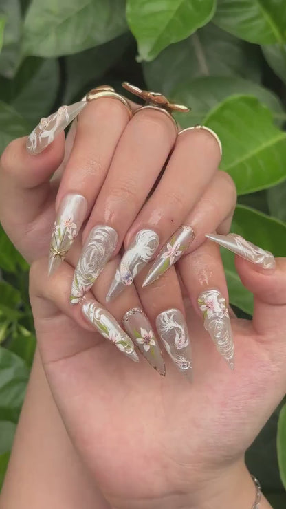 Ethereal Floral Press On Nails | Pearl Chrome Stiletto Nails | 3D White Flower Nails | Luxury Bridal Nails | Elegant Handmade Nail| OB1296NC