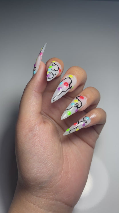 DoryNail Christmas Light String Press On Nails | Colorful Holiday Nail Art | Festive Rainbow Bulb Design | Clear Glossy Nails | Handmade Christmas Set
