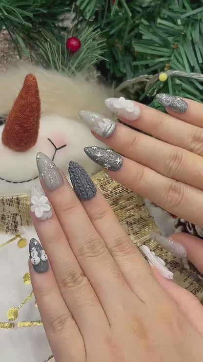 Silver Winter Stars Press On Nails | Elegant Winter Flower Nail Art | Grey Glitter Winter Nails | Frosty Holiday Press Ons | JC251EC