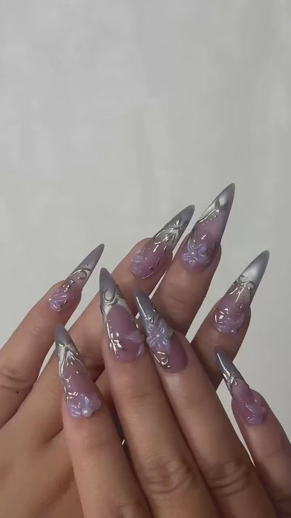 Spring Gothic Blossom Pressons Nails | Dusty Mauve Floral Nails | Iridescent 3D Flower Nail Art | Gold Vine Luxury Nail Set | JB267EC